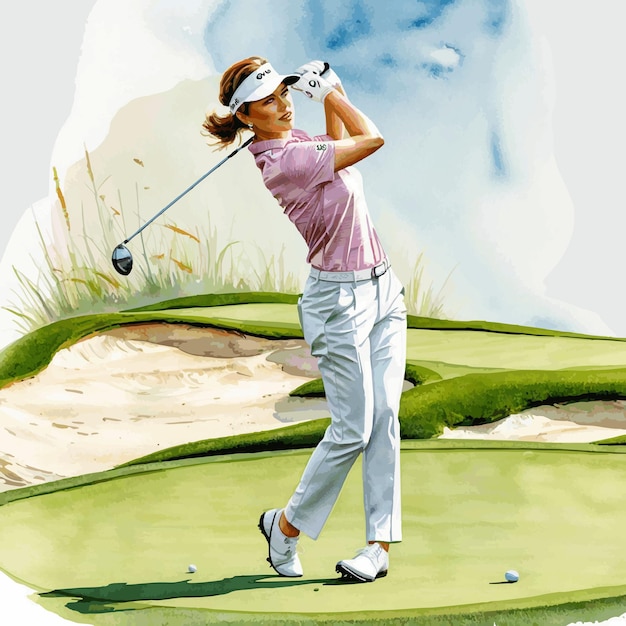 Vector watercolor illustration of a woman playing golf