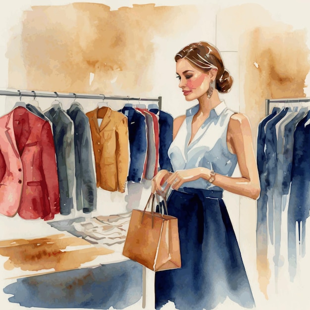 Vector watercolor illustration of a woman shopping for clothes