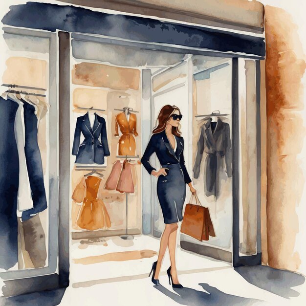 Vector watercolor illustration of a woman shopping for clothes