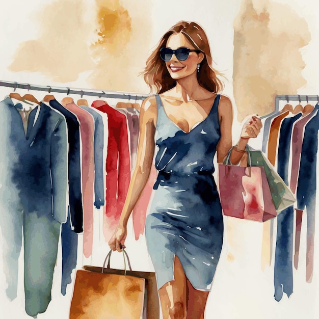 Vector watercolor illustration of a woman shopping for clothes