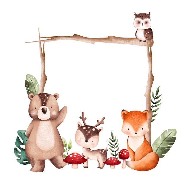 Watercolor Illustration Woodland Animal Frame