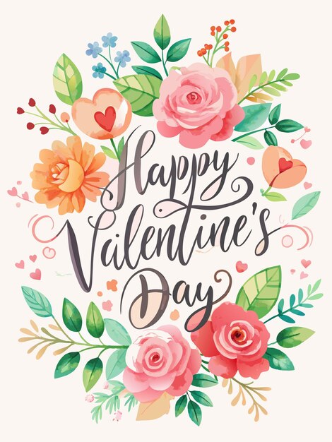 Vector a watercolor illustration of a wreath of flowers and leaves with the words quothappy valentine39s dayquot in the center