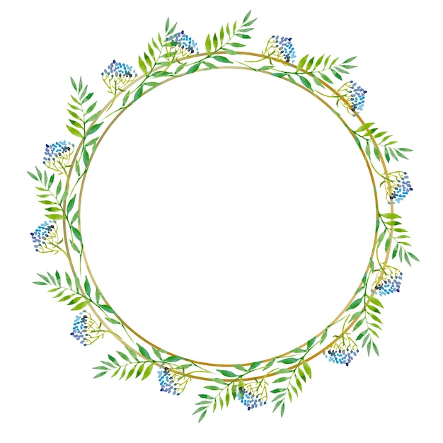 Watercolor illustration of wreath with green leaves in a gold round frame