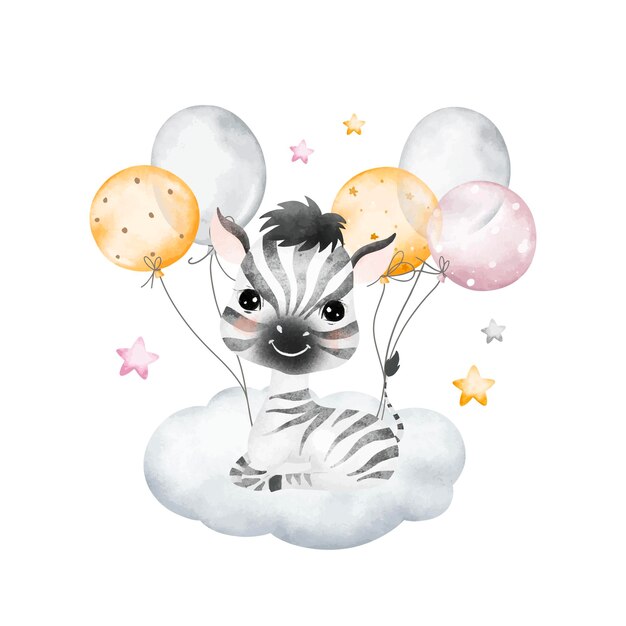 Vector watercolor illustration zebra and balloons sits on cloud