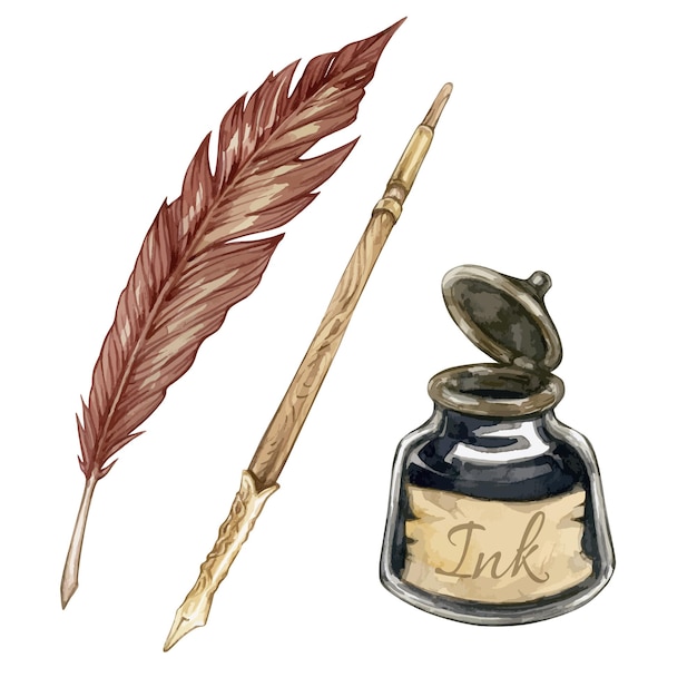 Watercolor illustrations of feather pen wooden pen and inkwell isolated on a white background