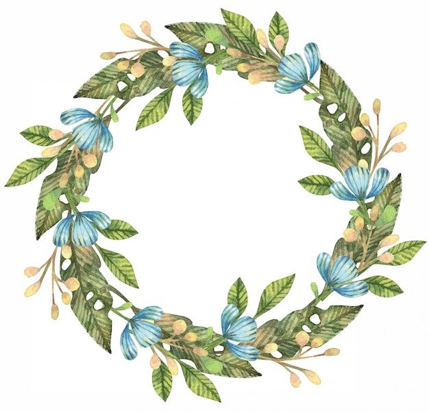 Watercolor illustrations of spring leaves, branches and flowers. Flower wreath.