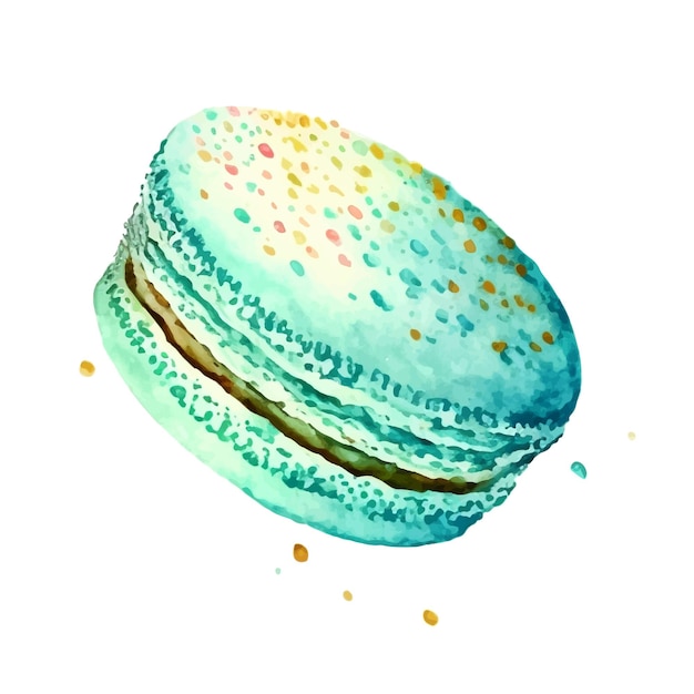 Watercolor image of blue macaroon decorated with bright pink daisy flowers isolated on white background Hand drawn illustration of popular crunchy dessert for cafe decoration