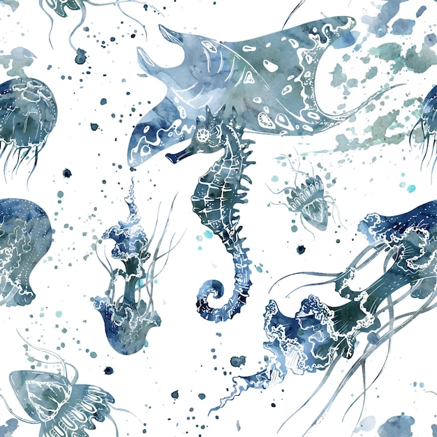 Watercolor and ink hand drawn marine life sea ocean underwater creatures fish shells algae seaweed