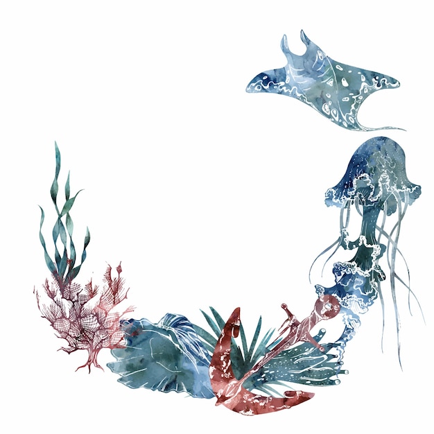 Watercolor and ink hand drawn marine life sea ocean underwater creatures fish shells algae seaweed