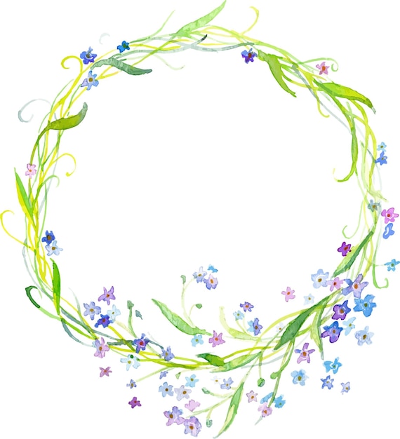 Watercolor and ink hand drawn wreath of forgetmenot flowers and leaves