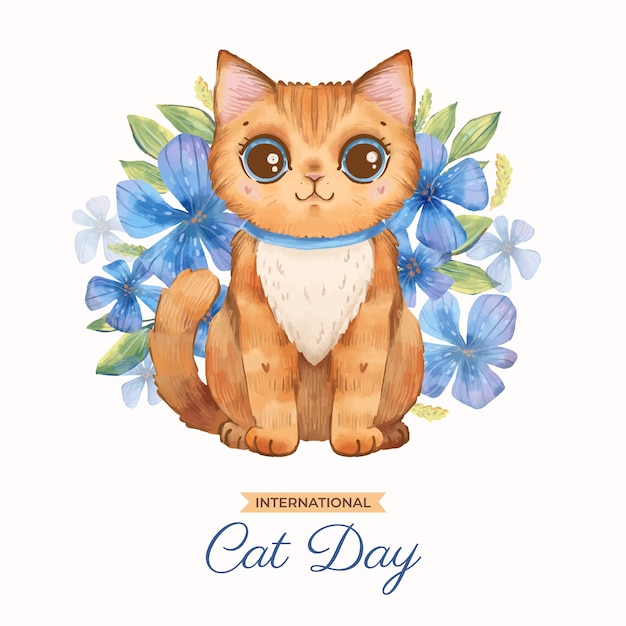 Watercolor international cat day illustration