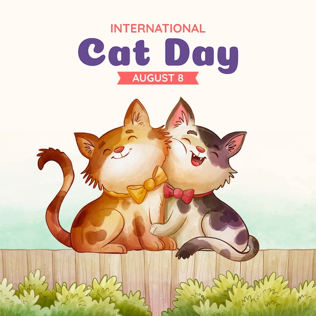 Watercolor international cat day illustration