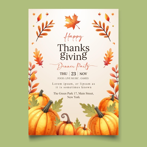 Vector watercolor invitation template for thanksgiving celebration