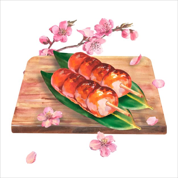 Vector watercolor japan snack dango on leaves nory painted on wooden board with branch of sakura.