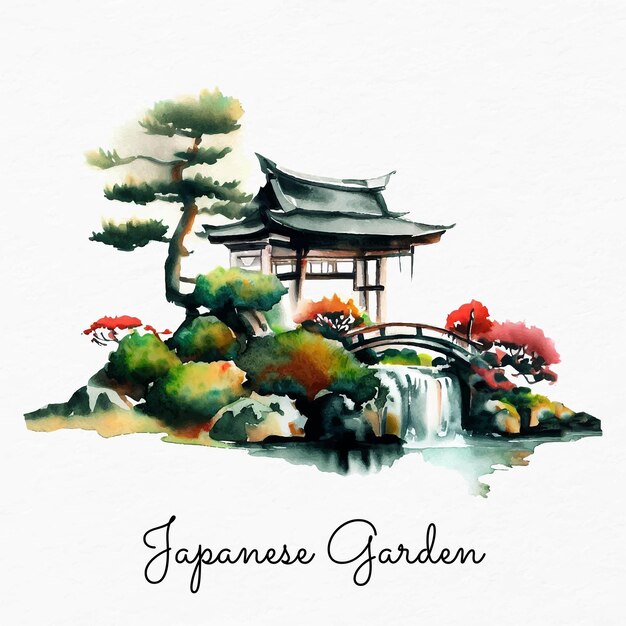 Watercolor japanese garden illustration