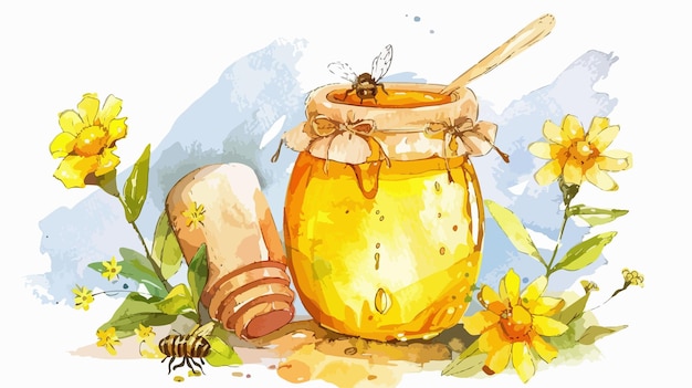 Watercolor Jar of Organic Honey Yellow Pot