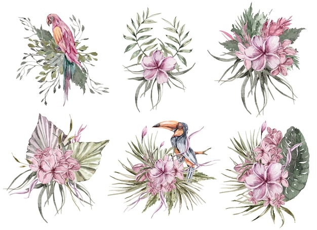 Watercolor jungle birds and tropical flower bouquets set Wedding hand painted floral illustrations