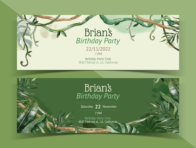 Watercolor jungle birthday party horizontal banners