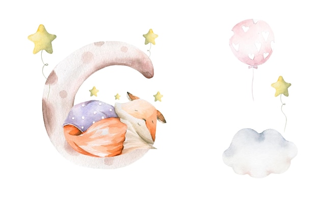 Watercolor kid set cute sleeping baby fox on the moon with star balloon for nursery print