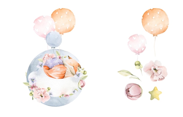 Watercolor kid set cute sleeping baby fox on the moon with star balloon for nursery print