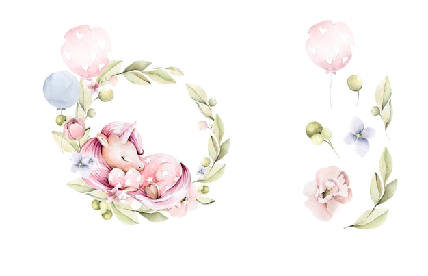 Watercolor kid set cute sleeping unicorn floral wreath with pink flowers peony leaves balloon