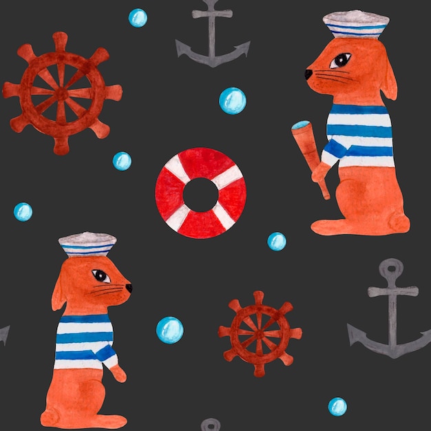 Watercolor kids seamless pattern nautical cartoon rabbit sailor and marine elements