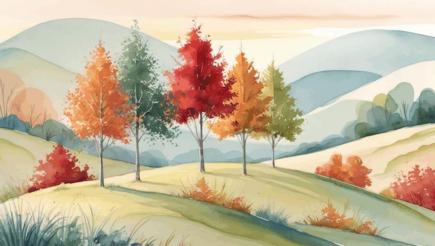 watercolor landscape autumn view