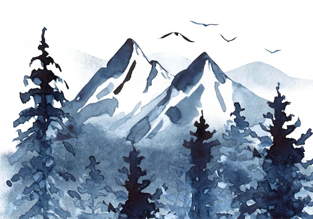 Watercolor landscape in blue colors with mountains pine trees and fog