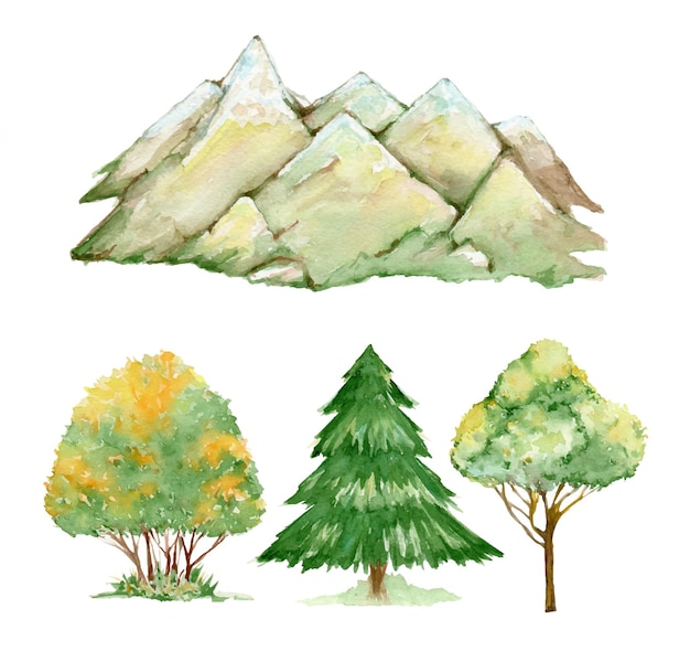 Watercolor landscape, on an isolated background. Mountains, trees, shrubs.