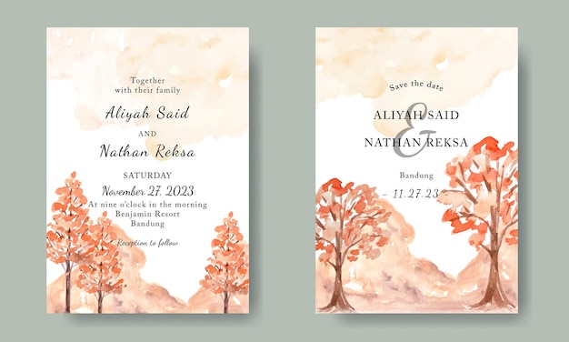 Watercolor Landscape Orange Trees Mountain with Grunge Wedding Invitation Template