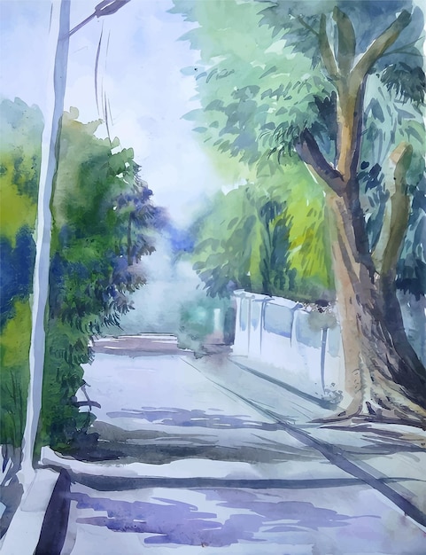 Watercolor landscape village road handmade painting illustration