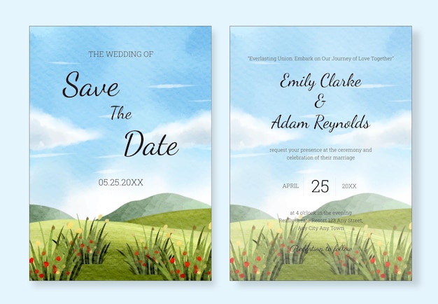 Vector watercolor landscape wedding invitation mountain and greenfield