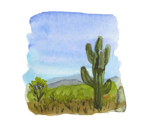 Watercolor landscape with cactus