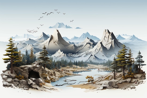 Watercolor landscape with mountains forest and river in front beautiful landscape