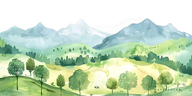 watercolor landscape with mountains and trees Forest watercolor vector