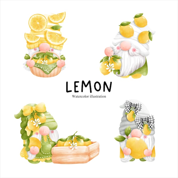 Watercolor lemon gnome citrus vector illustration