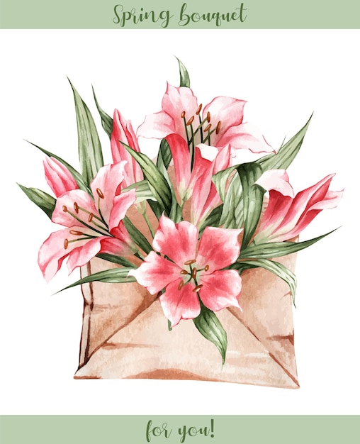 Watercolor lilies in an envelope Flower arrangement for stickers Botanical illustration from plant