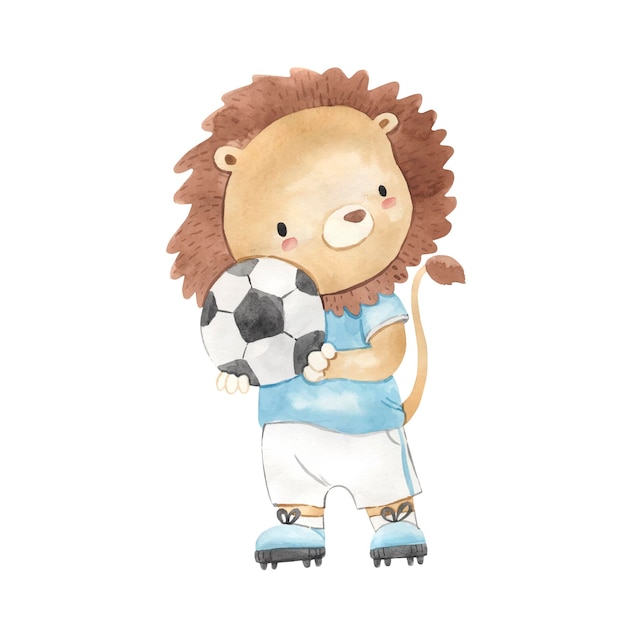 Watercolor lion with ball. Football illustration for kids