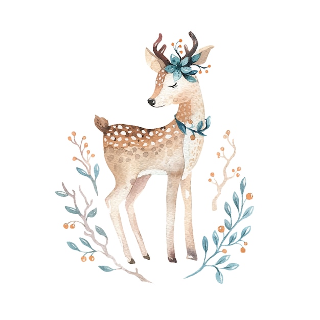 Watercolor little deer baby vector watercolour bembi cartoon baby nursery. 