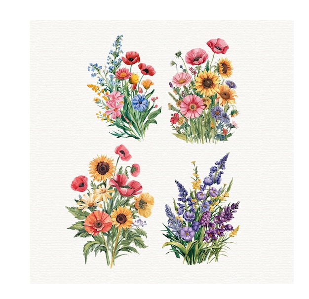 Vector watercolor little wildflowers colorful illustration