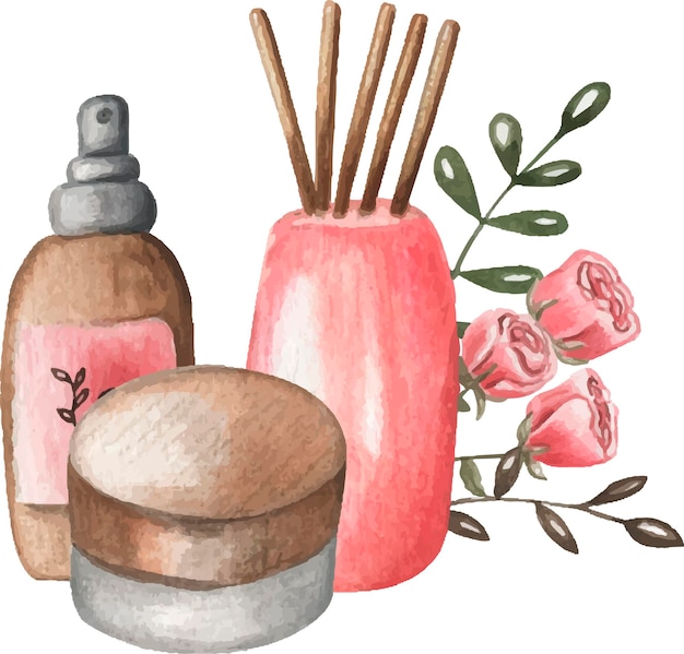 Watercolor logo of cosmetic products. Natural cosmetics for face and body