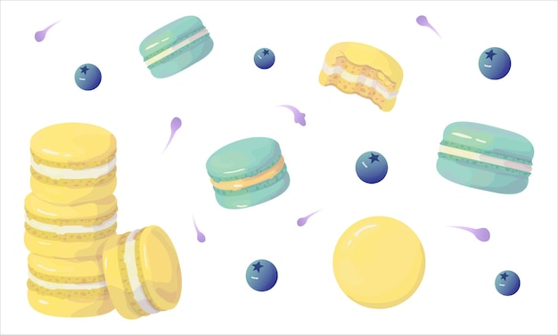 Watercolor macarons set Traditional French lemon and blueberry cookies in pastel colors. vector