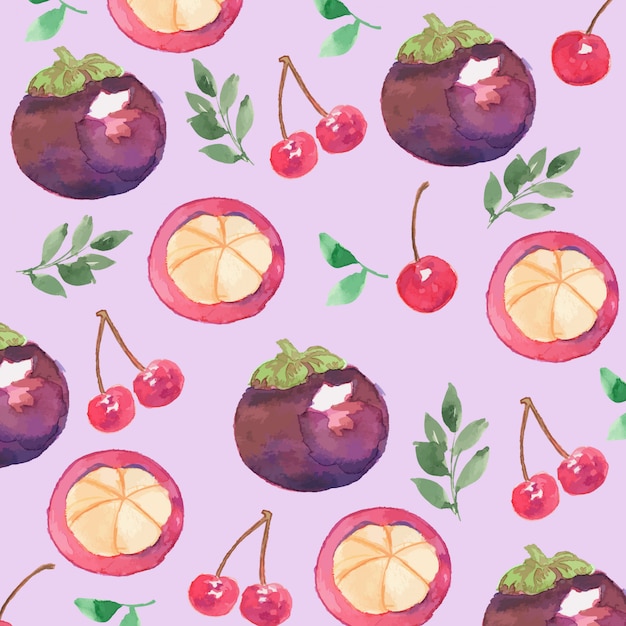  Watercolor Mangosteen and Cherry Seamless Pattern