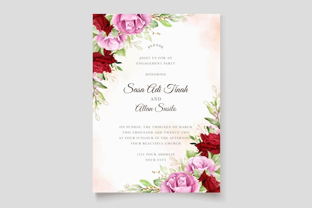 watercolor maroon and pink roses wedding card set