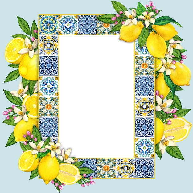 Watercolor mediterranean frame with lemons and traditional tiles