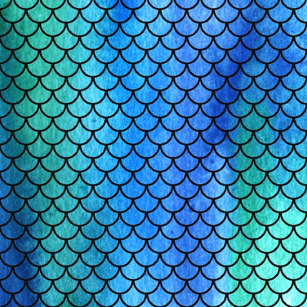 Watercolor mermaid or fish scales blue background with black Bright summer pattern reptilian scales