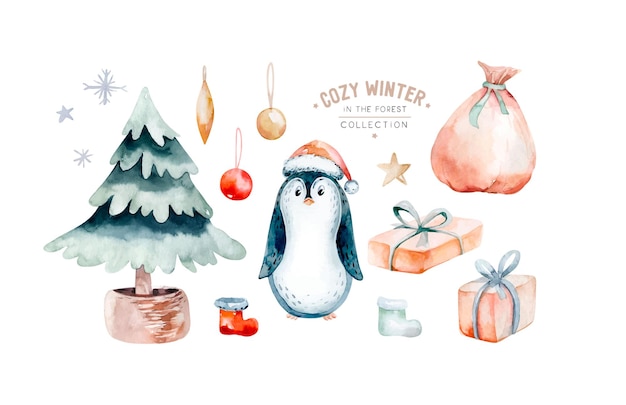 Watercolor Merry Christmas illustration with holiday penguin pine gifts  Winter new year design