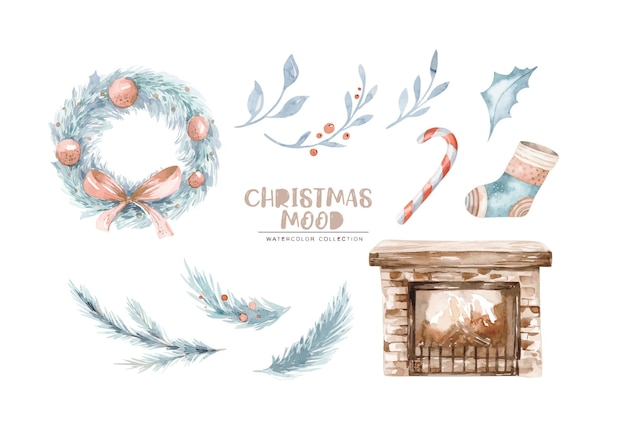 Watercolor Merry Christmas illustration with wreath pine branch berries New Year cozy decorations