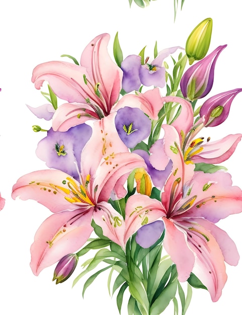 A watercolor mixed flower bouquet of lilies on a white background with seamless watercolor patterns