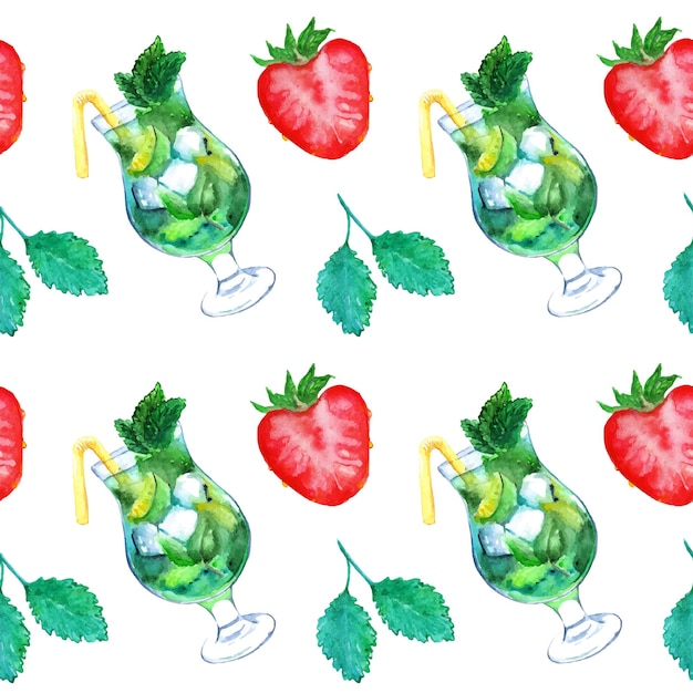 Watercolor mojito lime ice mint strawberry cocktail seamless pattern vector